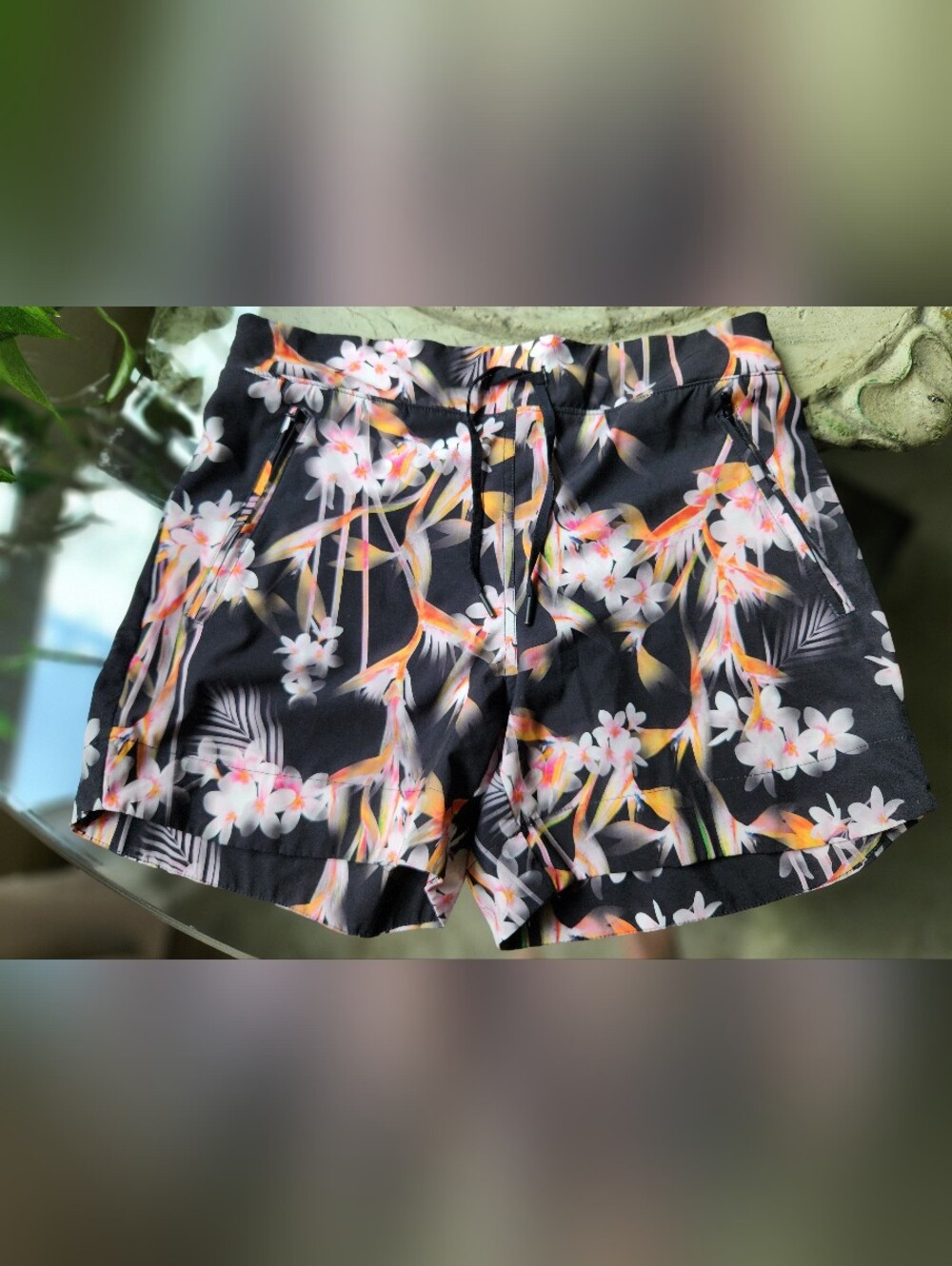 Tangerine Womens Black Orange Floral Active Running Shorts with Zipper Pockets M